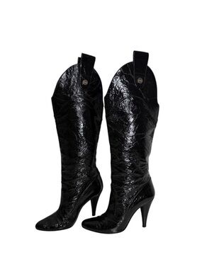 Dolce & Gabbana Black Patent Leather Knee-High Stiletto Boots